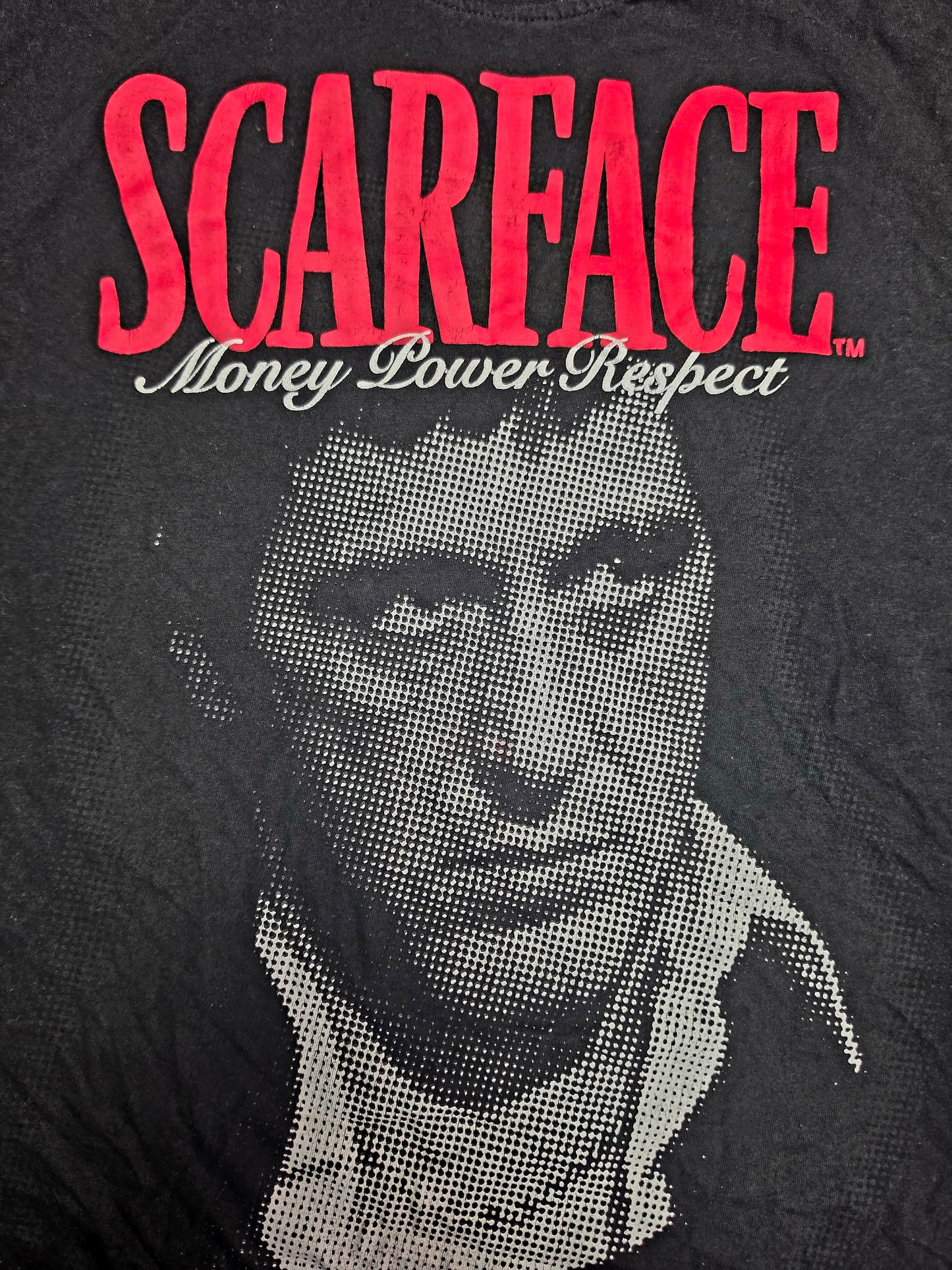 Scarface Reason Brand Graphic T-shirt featuring a "Money Power Respect" slogan and halftone image of Tony Montana"