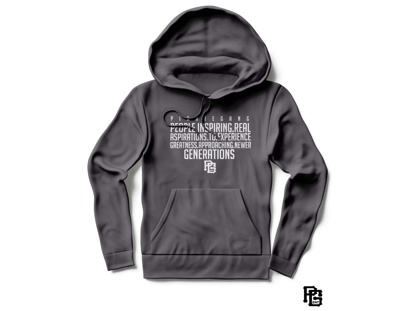 Gray hoodie with text and logo on a white background