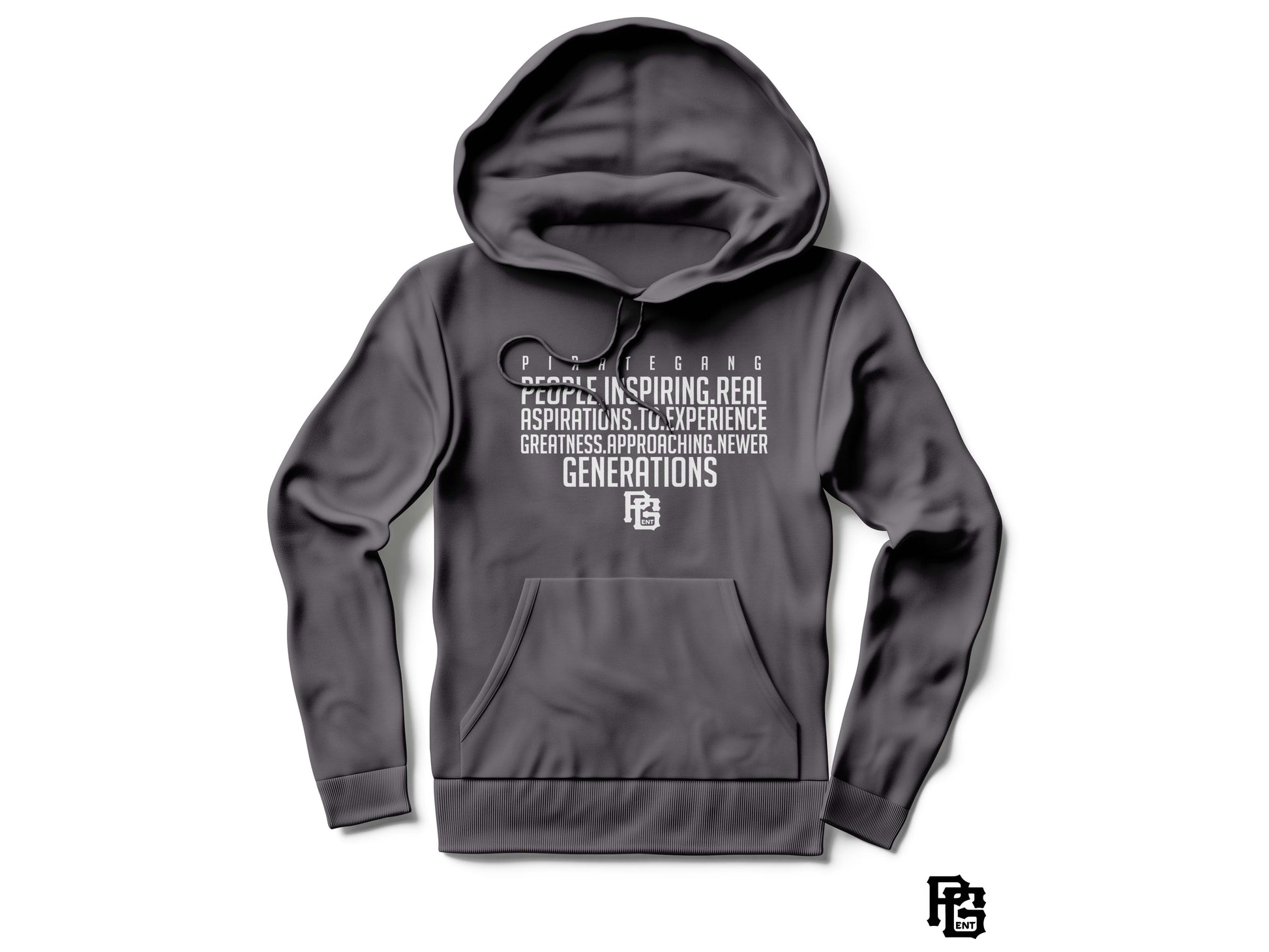 Gray hoodie with text and logo on a white background