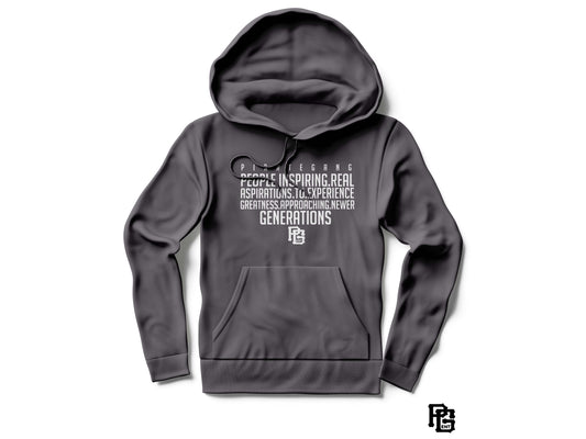 Gray hoodie with text and logo on a white background