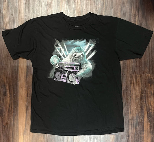 Hip hop boombox sloth black graphic tee Size: Small