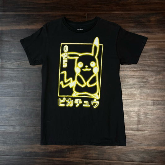 Pokemon Detective Pikachu yellow Neon Logo Japanese Writing Black  T Shirt Size: Small