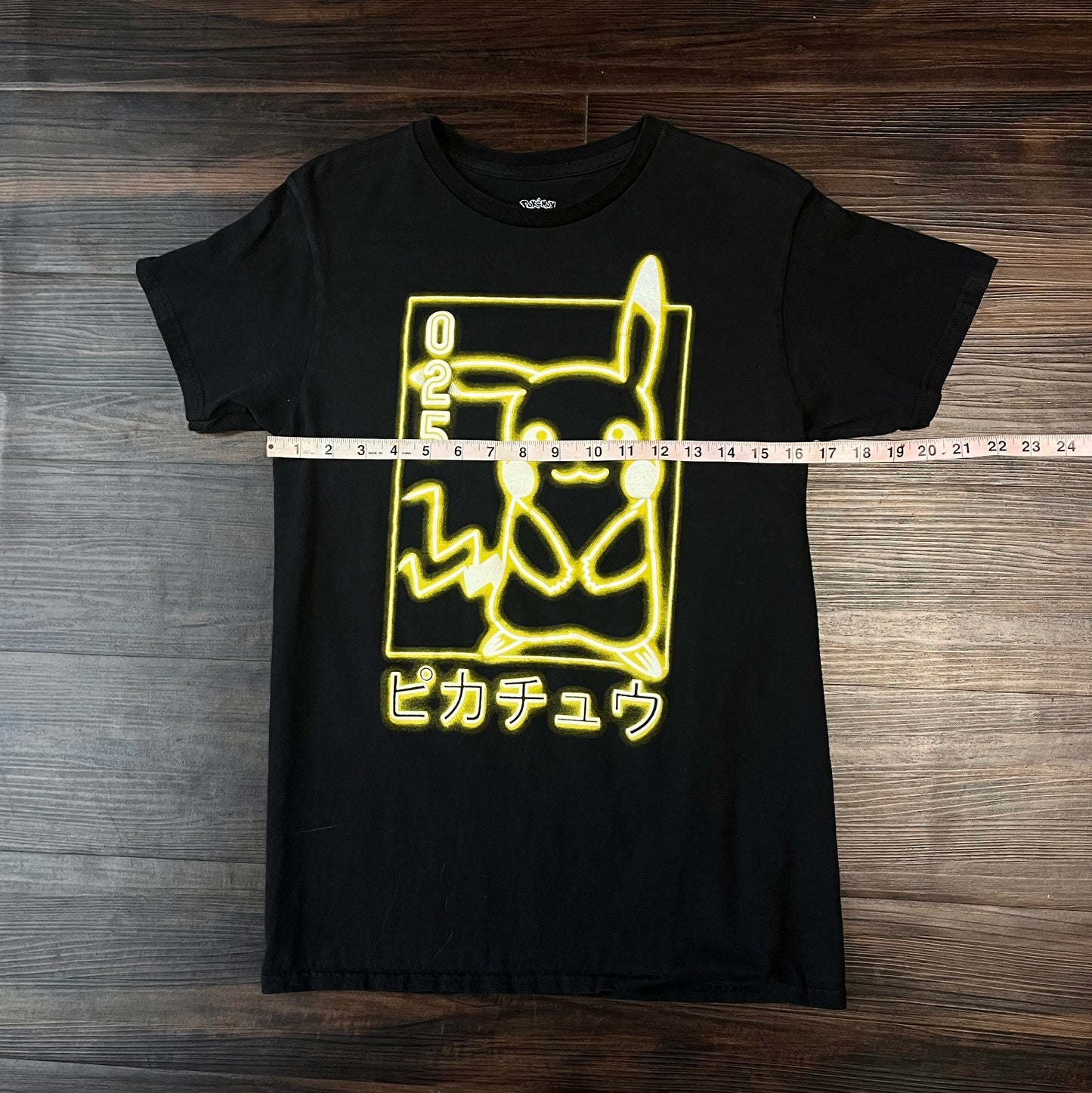 Pokemon Detective Pikachu yellow Neon Logo Japanese Writing Black  T Shirt Size: Small