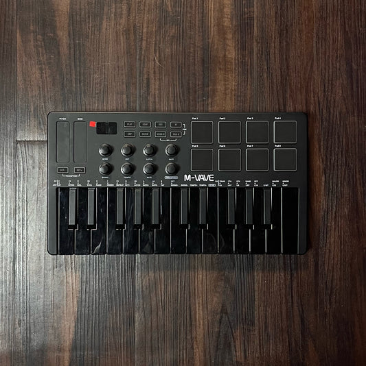 M-WAVE 25 Key USB MIDI Keyboard Controller With 8 Backlit Drum Pads, Bluetooth Semi Weighted Professional Dynamic Keybed, 8 Knobs and Music Production, Black