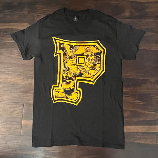 Pittsburgh Pirate Classic Cartoon logo in P Black and Gold T-Shirt (Various Sizes)