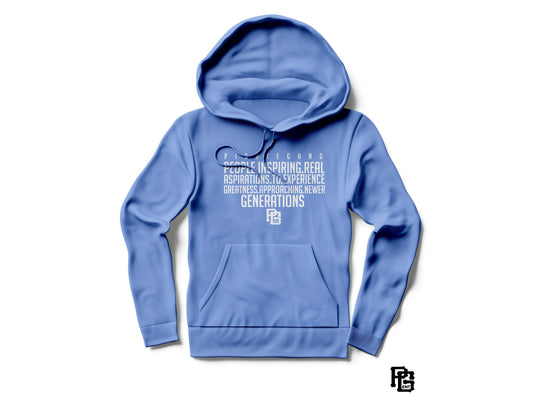 Blue hoodie with text on a white background