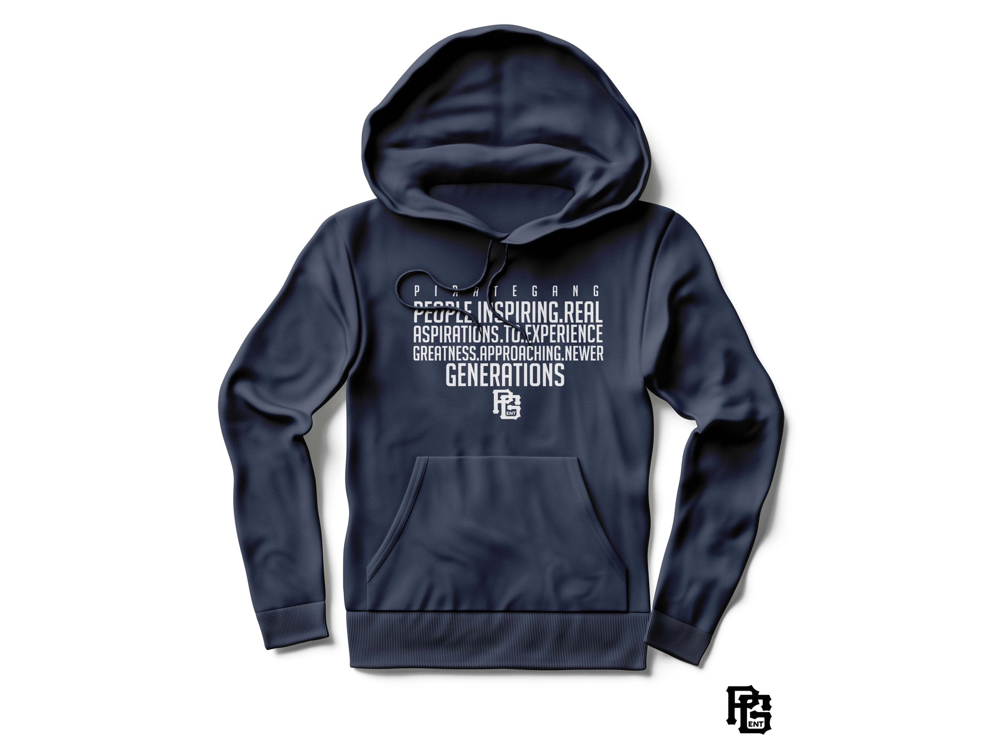 Navy blue hoodie with text on a white background