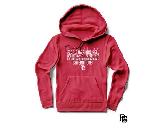 Red hoodie with text on a white background