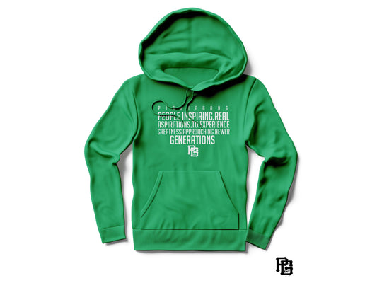 Green hoodie with text on a white background